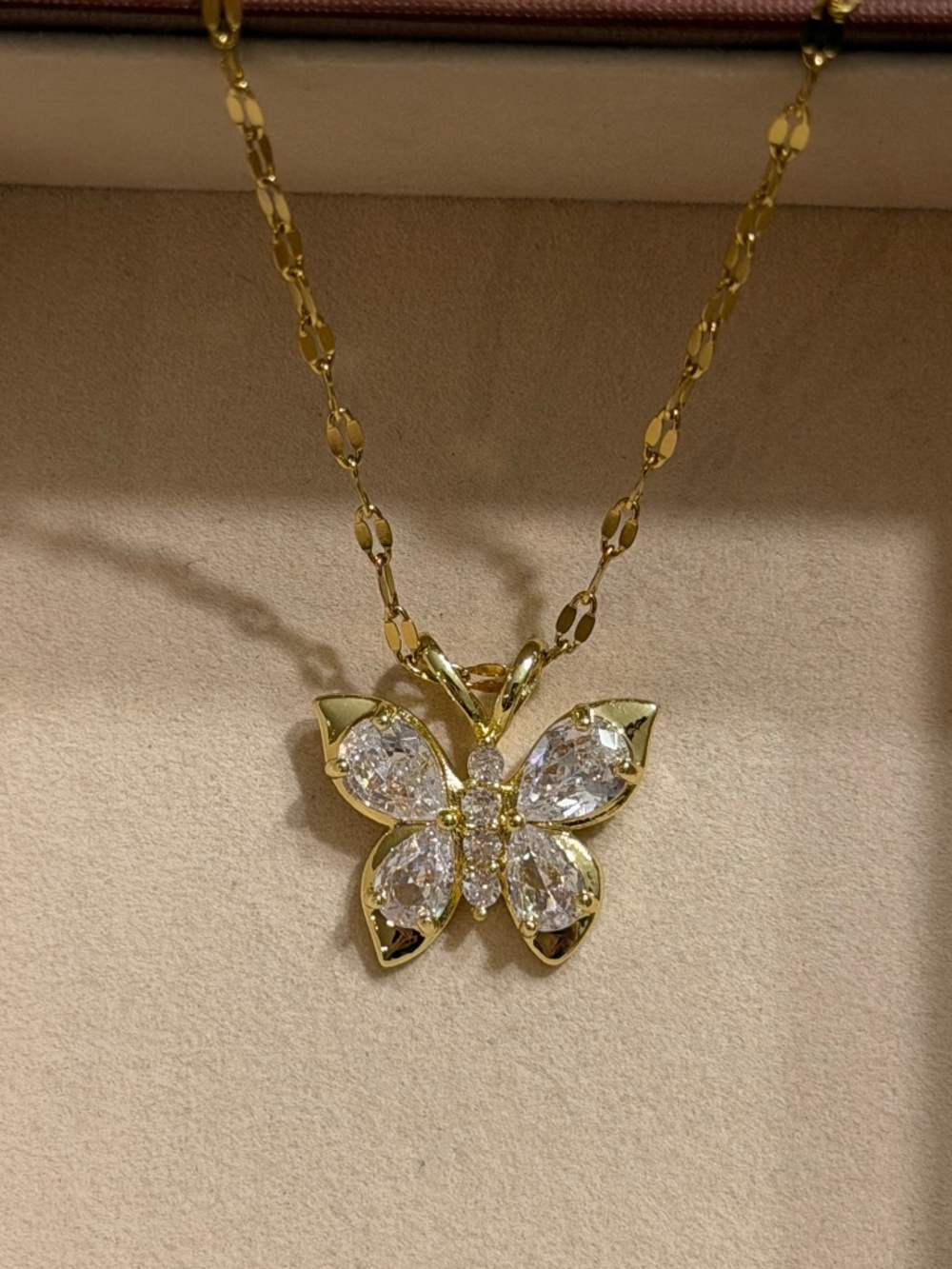 Golden Zirconia Butterfly Stainless Steel Stamped Necklace Chain